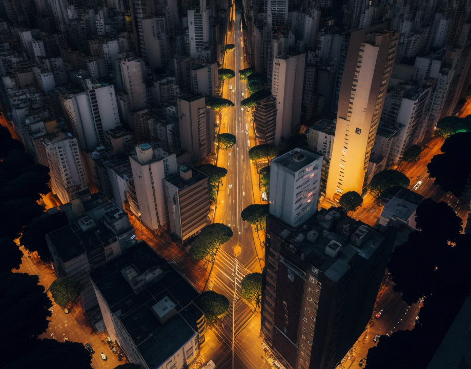 vista aérea de uma cidade a noite iluminada pelas luzes dos poste das ruas