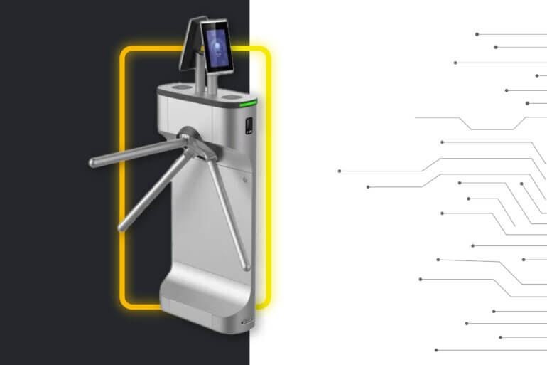 ilustração da catraca da Hikvision com a identidade da empresa Empório da segurança